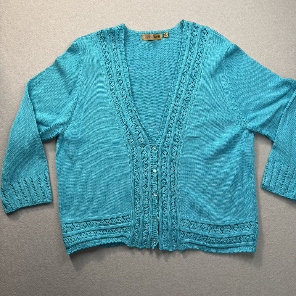 NOTATIONS Women XL Cardigan Sweater Turquoise Blue Knit Lace Trim Button Front